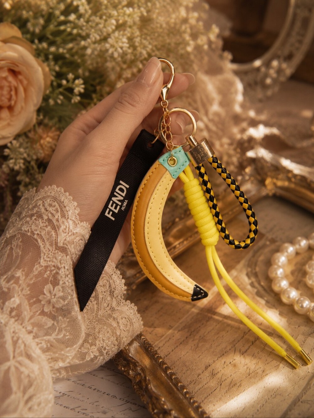 Handmade FENDI ribbon Accent Banana Yellow Rope Keychain Bag Charm